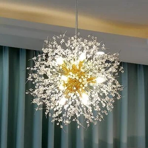 Modern Dandelion Firework Chandelier, Gold Crystal Hanging Pendant Lamp 9-Light - Picture 1 of 9