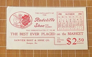 ZAPATOS DE MUJER RADCLIFFE SELLADOR DE TINTA ~OCT. 1901 CALENDARIO~ZAPATOS SAWYER BANGOR ME - Imagen 1 de 3