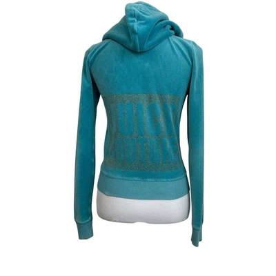 Chaqueta deportiva Juicy Couture de terciopelo con capucha talla mediana verde azulado cremallera completa Bling Y2K años 90’s Foto 1 de 4