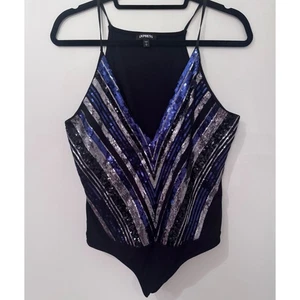 Express Pailletten Body Party Top ärmellos Tank schwarz blau silber Large gebraucht, in einwandfreiem Zustand - Bild 1 von 6