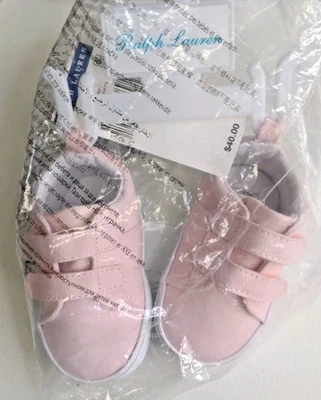 Polo Ralph Lauren Baby Girl Pink White Sneakers Canvas Sayer EZ II Size 2 Sealed - Image 1 of 4