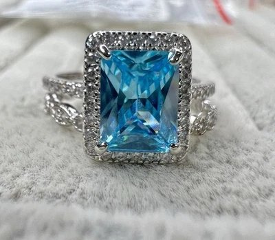 Size 9 Ring Bomb Party RBP 2310 Aquamarine & White Topaz Double Band - Image 1 of 4