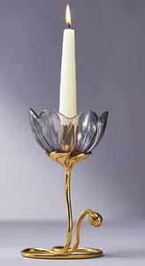 Anthropologie Petunia Floral Gold Taper Candle Holder Purple Violet Purple NEW - Picture 1 of 1