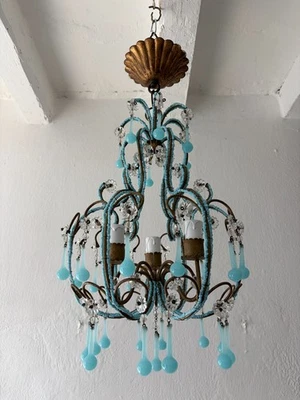 ~c1920 Italian Aqua Blue Opaline Murano Drops Beads Chandelier~ - Image 1 of 4