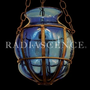 COBALT BLUE HAND BLOWN RIB CAGED MURANO ART GLASS SCULPTURE HANG SWAG LAMP 60s - Picture 1 of 9