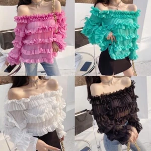 Women Ruffle Off-shoulder Blouse Top Pleated Chiffon Long Puff Sleeve Tiered - Picture 1 of 17