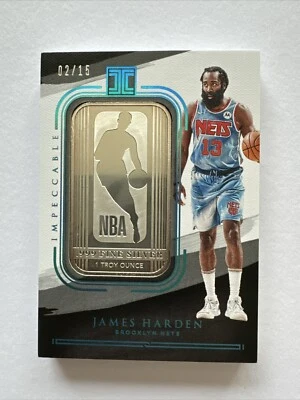 2020-21 PANINI IMPECCABLE James Harden NETS NBA LOGO SILVER TROY OUNCE BAR /15 - Image 1 of 2
