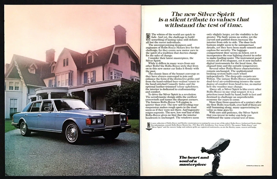 1982 年劳斯莱斯 Silver Spirit Sedan 照片 "The New Masterpiece" 2 页打印广告 — 第 1/1 张图片