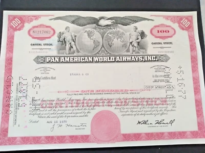 PAN AMERICAN WORLD AIRWAYS. Stock Certificate 1970s for junk journals. Pink. - image 1 of 4
