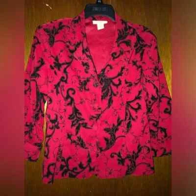 CHAQUETA DE TRAJE DRESSBARN ROJA Y NEGRA BRILLO FLORAL DE UN SOLO PECHO MEDIANA Foto 1 de 4