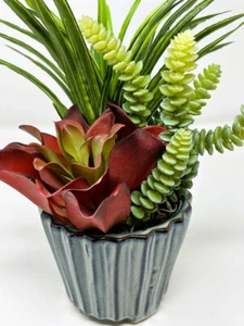 11" Artificial RED & GREEN mixed Succulent Garden #18, Blue Ceramic Planter - Picture 1 of 5