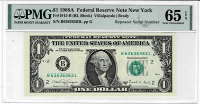 1988A $1 Federal Reserve 'BL Block' Note-fr.1915-B -PMG 65 PPQ-Super Repeater! - Image 1 of 4
