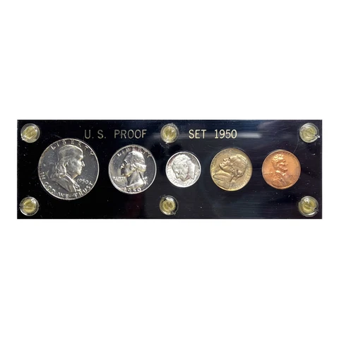 1950 US Mint Ben Franklin 50C Silver Proof UNC 5 Coin Set Black Capitol Holder Cover