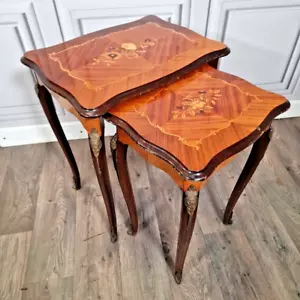 Antique Vintage Parquetry Inlaid Wooden Nest Of 2 Tables - - Queen Anne Legs - Picture 1 of 24