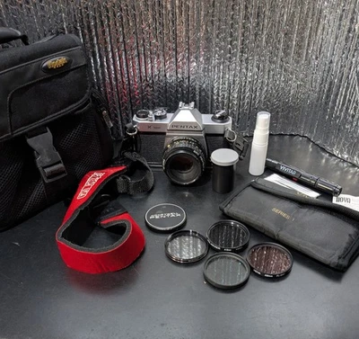 Pentax Asahi K1000 35mm Film Camera w/ SMC 50mm f/2 Lens + Bag + Cable + Filters - Image 1 of 4