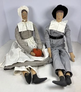 Vtg Handmade Primitive Pilgrim Dolls Folk Art Painted Faces & Shoes 24” - Picture 1 of 2
