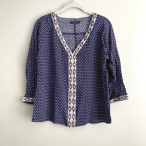 THML Anthropologie Embroidered Blouse Size Medium Navy Peach Boho Peasant - Picture 1 of 8