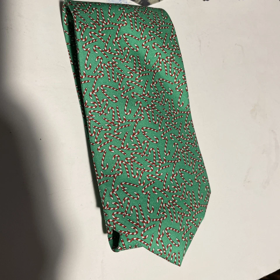 Peter Blair Christmas Green Silk Tie With Red And White Candy Canes Made in USA - Image 1 of 4