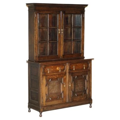 VINTAGE JACOBEAN REVIVAL ENGLISH CARVED OAK LIBRARY BOOKCASE DRESSER CUPBOARD - Image 1 of 4
