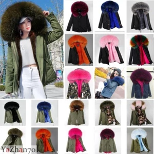 Women Winter Fluffy Large Raccoon Fur Collar Hood Short Jackets Warm Coats Parka - Picture 1 of 45
