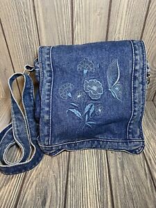 Vintage 90's Blue Denim Shoulder Bag Purse 9” x 10” Floral & Butterfly Design