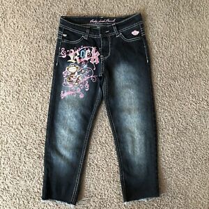 Bobby Jack Denim Capri Pants Size 7 Girls Embroidered Dark Stretch Y2k 2000s