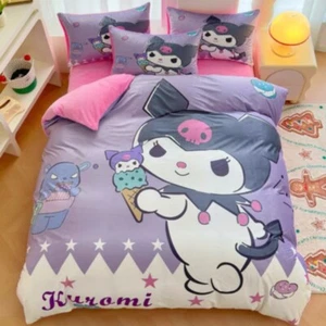 Purple Kuromi Milk Fleece 3pcs/4pcs Quilt Set Cartoon Kids Bed Sheet Pillow Case - Picture 1 of 4