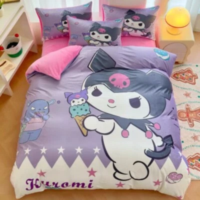 Purple Kuromi Milk Fleece 3pcs/4pcs Quilt Set Cartoon Kids Bed Sheet Pillow Case - Image 1 of 4