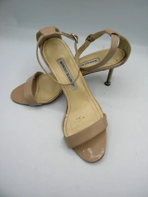 MANOLO BLAHNIK Beige Patent Leather Ankle Strap Heels Sandals Size 38.5 M - Image 1 of 4