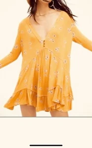 Free People Swing Dress Tunic Mary Gold Mustard Long Sleeve Floral Loose Fit M - Picture 1 of 6