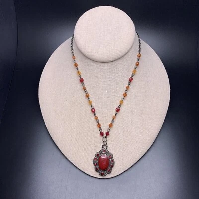 红色珐琅吊坠项链水钻橙色古董风格银色 — 第 1/4 张图片