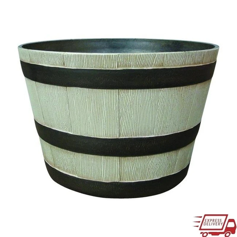 Maceta de barril de whisky de resina de 20,5 pulgadas resistente a los rayos UV maceta interior duradera Foto 1 de 4