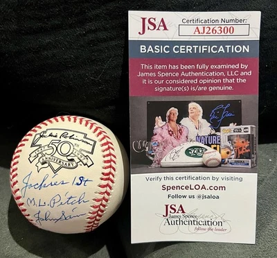 Johnny Sain signed Jackie Robinson Baseball NY Yankees 1st ML Pitch JSA cert - Image 1 of 4