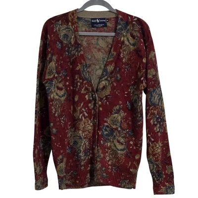 Ralph Lauren Vintage Women's Medium Cardigan Sweater Red Floral Print Lambswool - Image 1 of 3