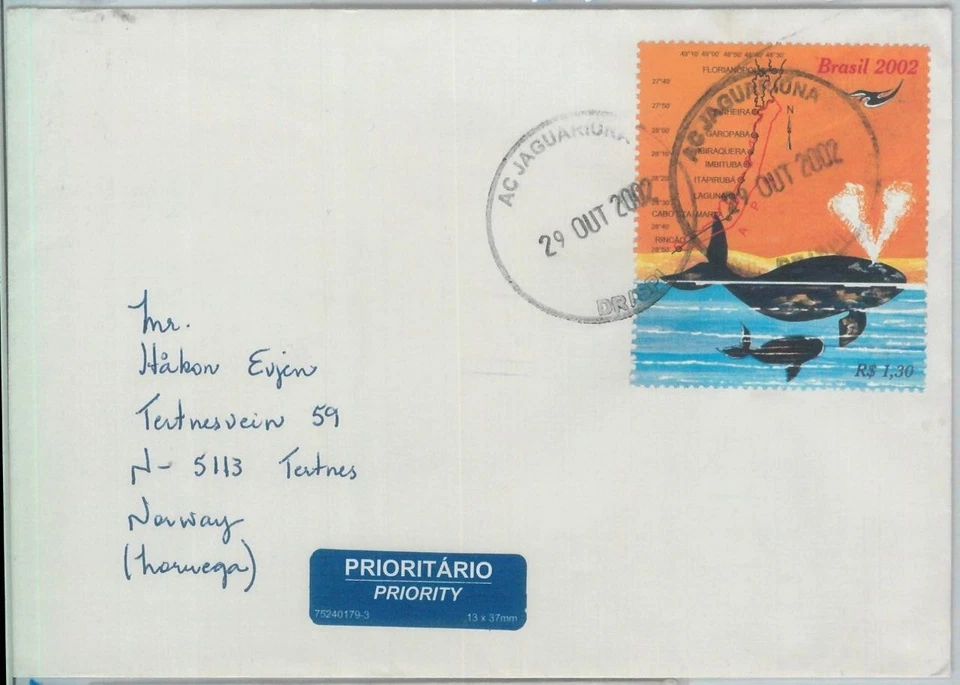 81768 - BRAZIL - POSTAL HISTORY -  COVER to NORWAY  2002  -  WHALES - Image 1 of 1