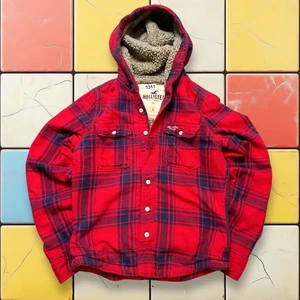 Vintage Hollister Flannel Sherpa Jacket Y2K Men S Red Blue Plaid Hooded Lined - Picture 1 of 13