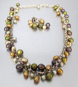 Sterling Silver Multi Color Baroque Pearl Dangle Necklace Earring Set - Picture 1 of 10