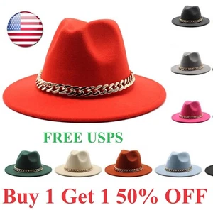 Wide Brim Wool Felt Fedora Panama Cowboy Girl Hat Chain Jazz Cap for men women - Picture 1 of 13