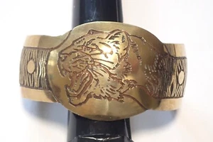 "Tiger" Design Brass Bracelet Handmade Acid Etched Vintage 1980's - Picture 1 of 4