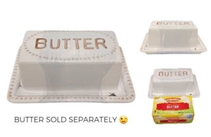Large Butter Dish w/ Lid Double Wide White Ceramic 2pc Covered Keeper Farmhouse - Picture 1 of 12