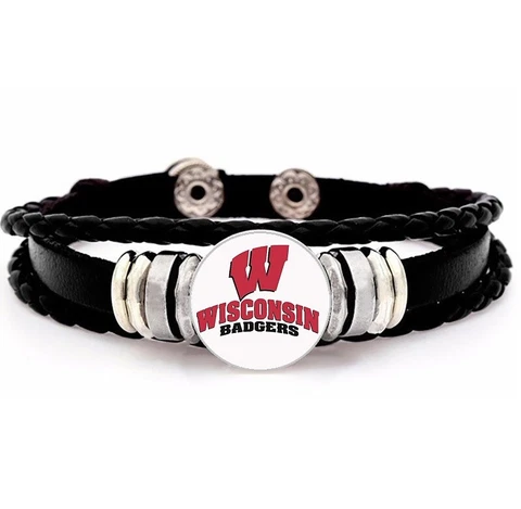 University Wisconsin Badgers Black Mens Womens Leather Bracelet w Gift Pkg D14 Cover