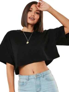 Women’s Cotton Crop Top Batwing Sleeve Loose Fit Gym Yoga Tee Shirt S-XL - Picture 1 of 13