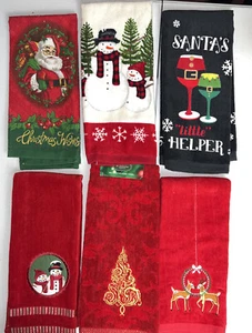 Holiday  Kitchen Towel Lot of 6 Red Velour Gold Accent Whimsical Snowman Santa - Picture 1 of 1