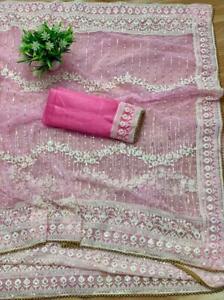 Pink Net Sari Saree Indian Ethnic Wedding Party Wear Bollywood valentine Gift