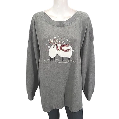 CJ Banks Womens Lightweight Sweatshirt 3X Plus Size Gray with Holiday Embroidery - Image 1 of 4