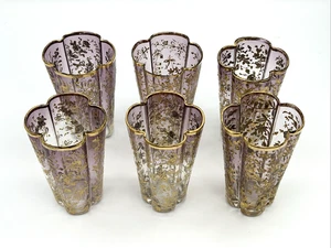 Set of 6 Bohemian Moser Quatrefoil Gold Enameled Blush Fade 3 7/8" Tumblers - Picture 1 of 22