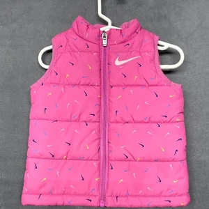 Nike Chaleco Puffer Niñas 18M Rosa Swoosh Estampado Completo Cuello Simulado Cremallera Completa - Imagen 1 de 9