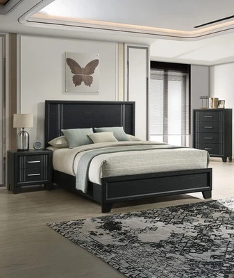 Contemporary Rich Charcoal Finish Queen Panel Bed 5pc Wooden Bedroom Set - Image 1 of 4