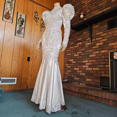 Vestido de noiva vintage anos 80 romântico enorme manga de carneiro pérola gargantilha sereia XS/S - Imagem 1 de 4