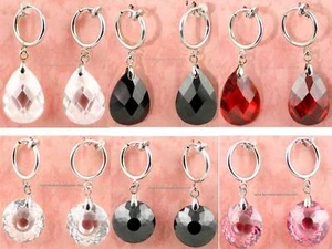 1 PAIR CLIP-ON CZ Cubic Zirconia DANGLE EARRINGS ROUND,HEART,7 COLORS - Picture 1 of 13